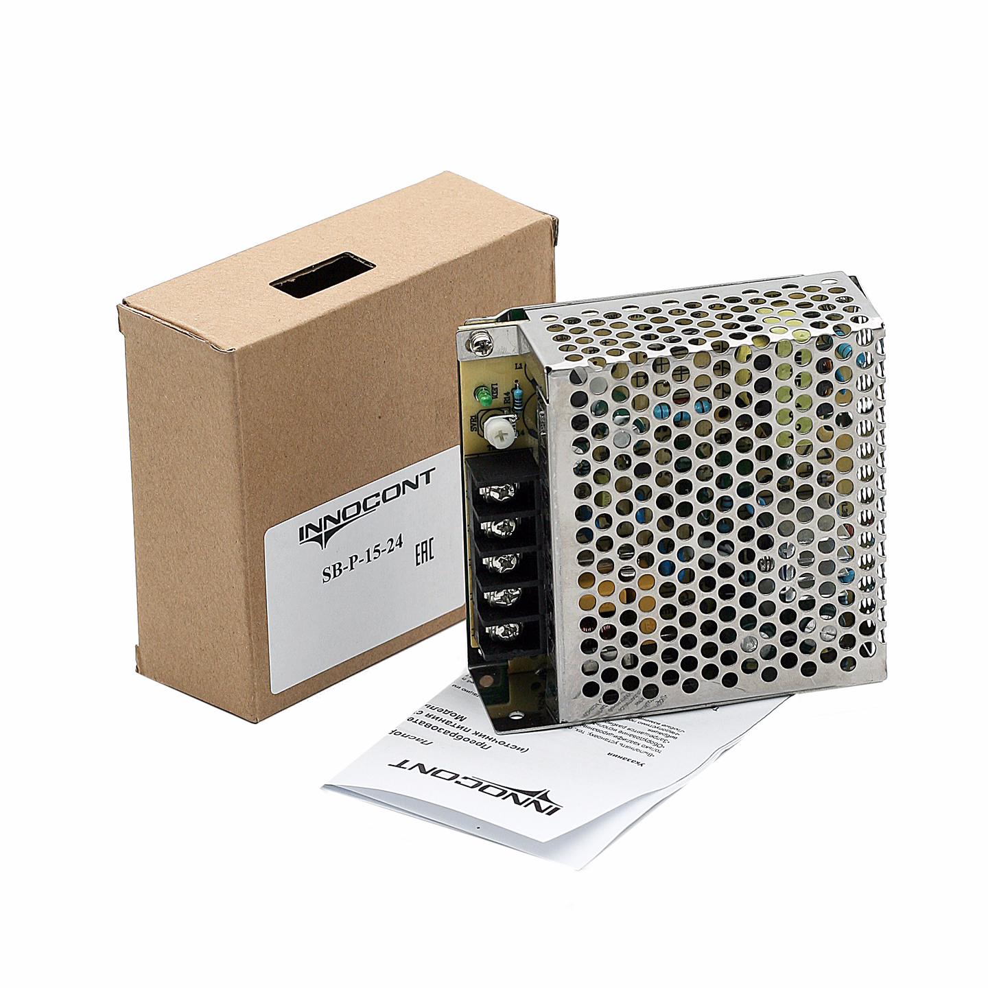 Источник питания INNOCONT. Вход: 220VAC, 0.25А, выход 15W, 24VDC, 0.7A, -10+50С, IP20, типы защиты: КЗ, перегрузка, перенапряжение SB-P-15-24