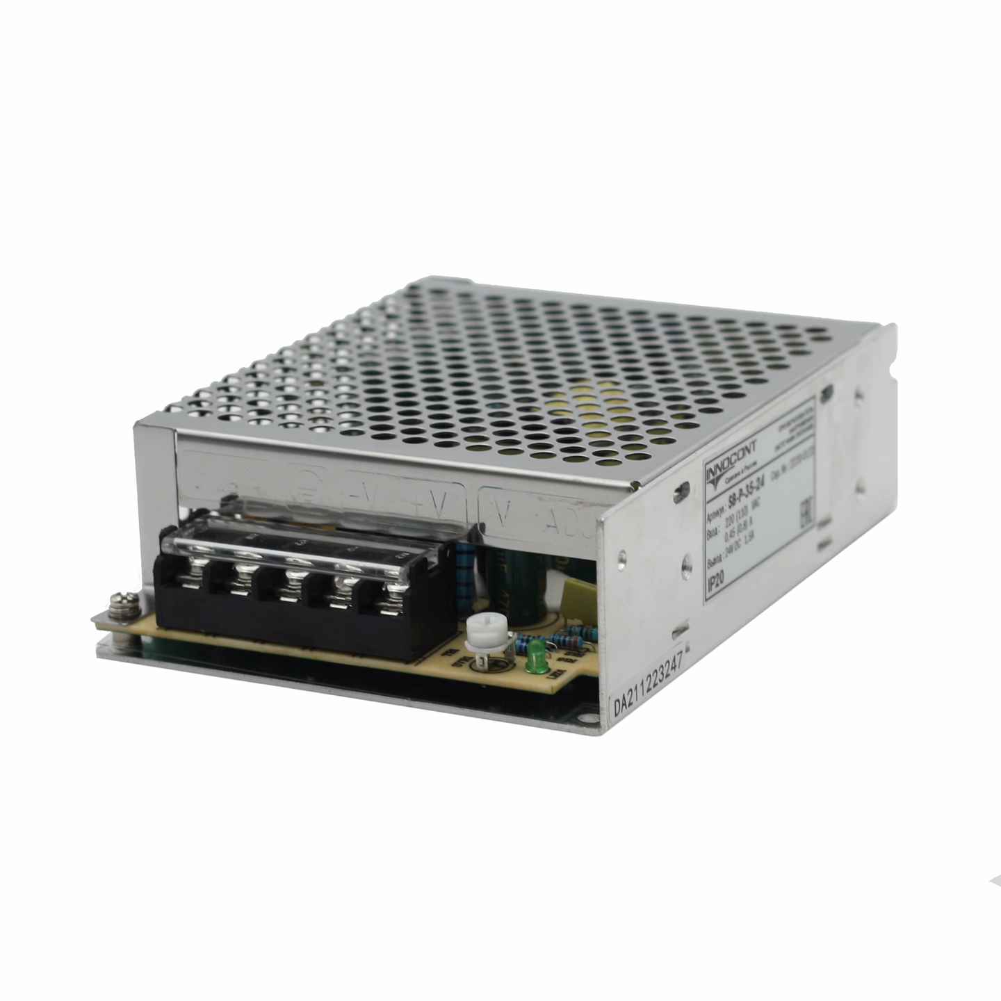 Источник питания INNOCONT. Вход: 220VAC, 0.45А, выход: 35W, 24VDC, 1.5A,-10 +50С, IP20, типы защиты: КЗ, перегрузка, перенапряжение SB-P-35-24