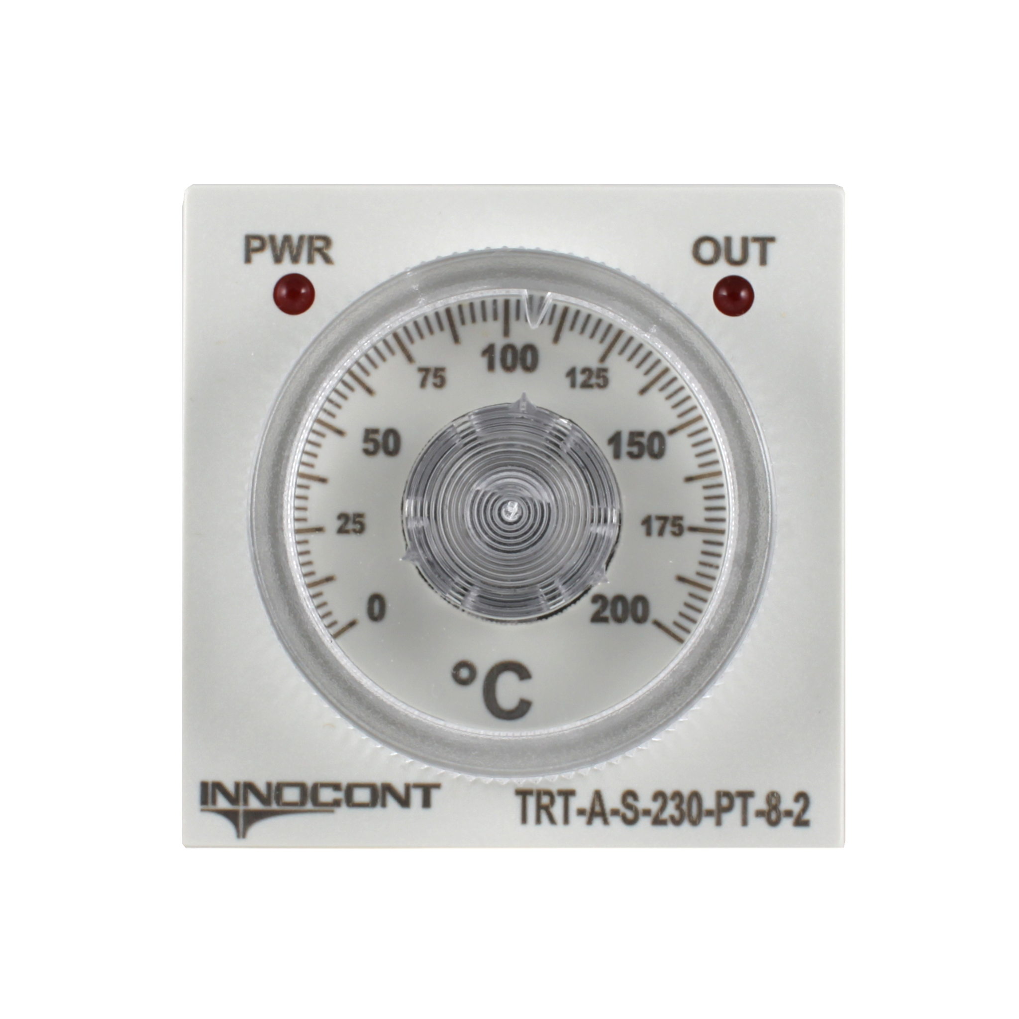 Температурный контроллер INNOCONT с аналоговым управлением, 48х48х82 мм,вход Pt100, 0...200C, выход реле, ON/OFF, 230VAC, электросоединение под розетку 8pin
