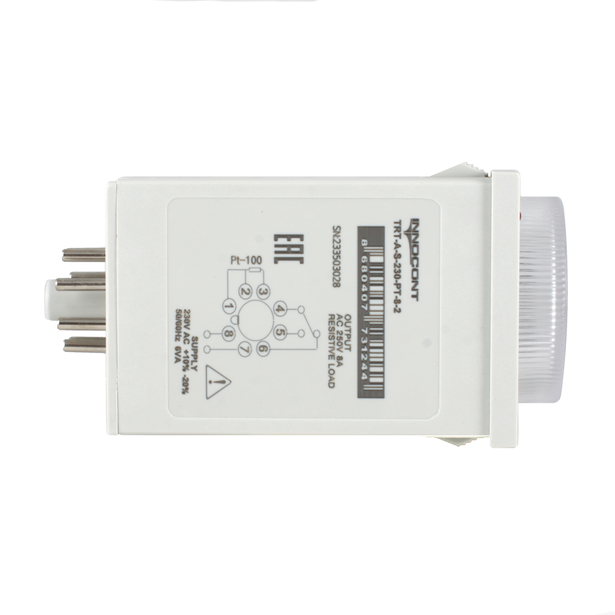 Температурный контроллер INNOCONT с аналоговым управлением, 48х48х82 мм,вход Pt100, 0...200C, выход реле, ON/OFF, 230VAC, электросоединение под розетку 8pin