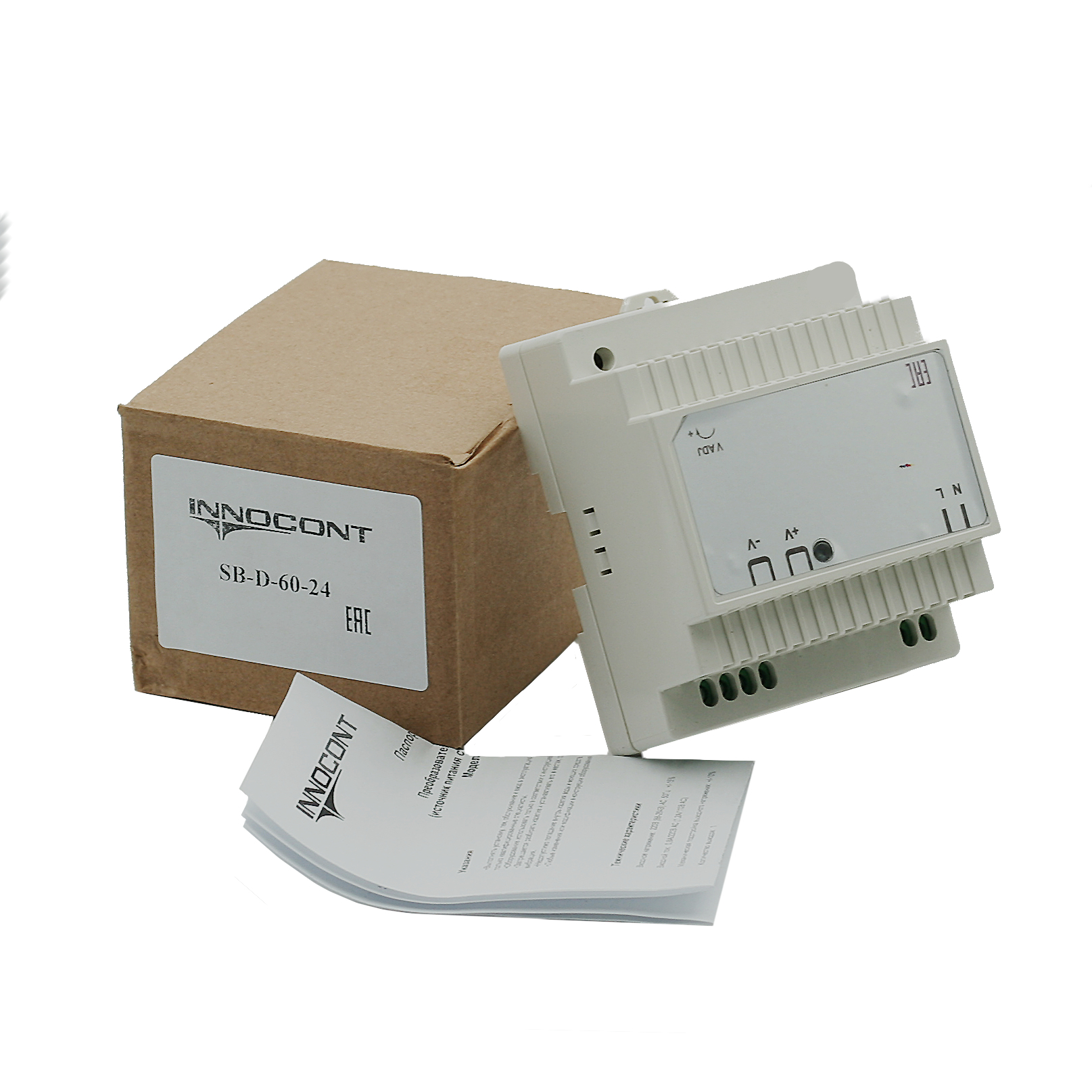 Источник питания INNOCONT. Вход: 220VAC, 0.8А, выход: 60W, 24VDC, 2.5A,-10 +50С, IP20, типы защиты: КЗ, перегрузка, перенапряжение SB-D-60-24