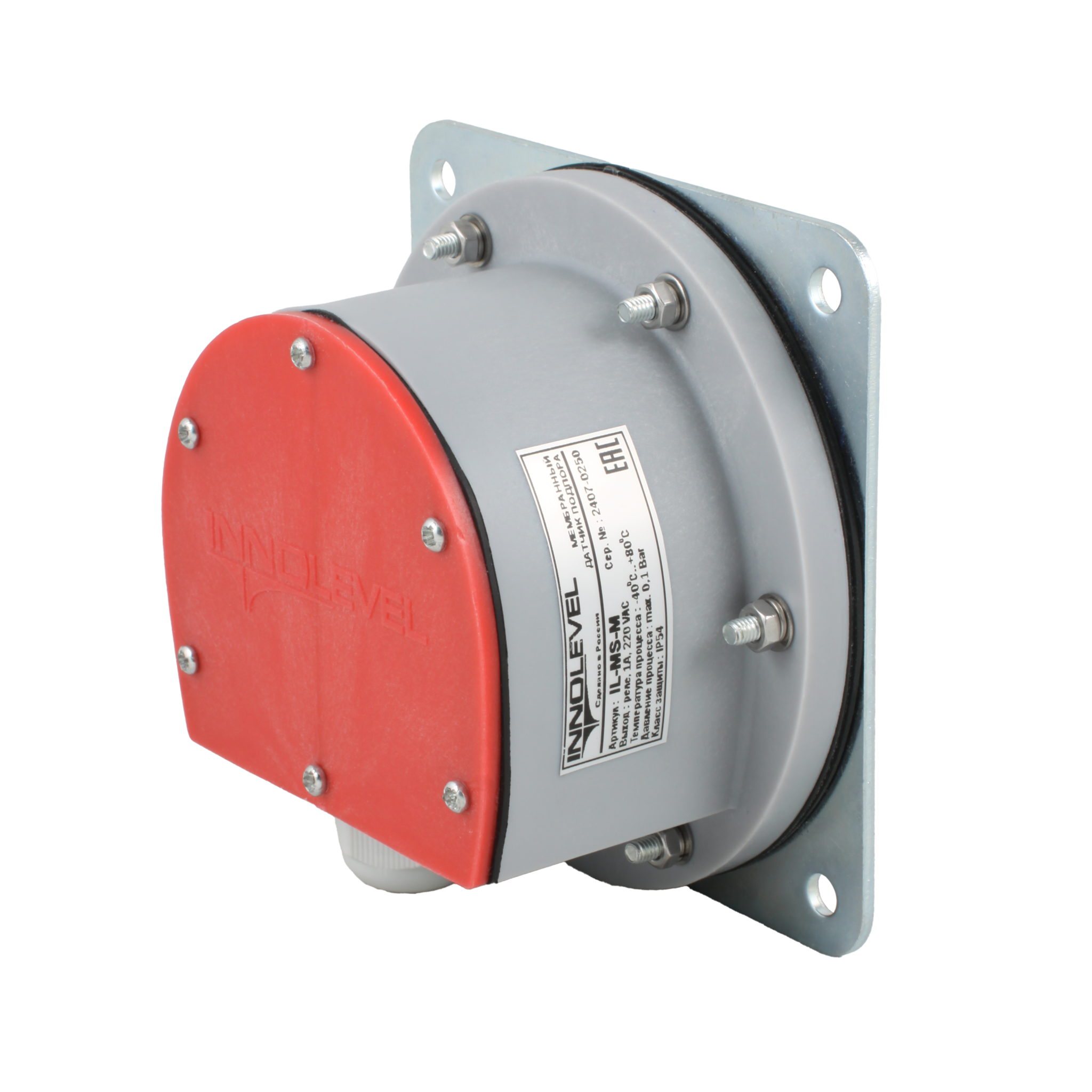 Мембранный датчик подпора для сыпучих материалов INNOLEVEL в пластиковом корпусе (аналог СУМ-1), -40 +80 С, IP54, чувств. от 100 г/л; фланец 114x114 мм, мембрана- NBR, выход- реле SPDT