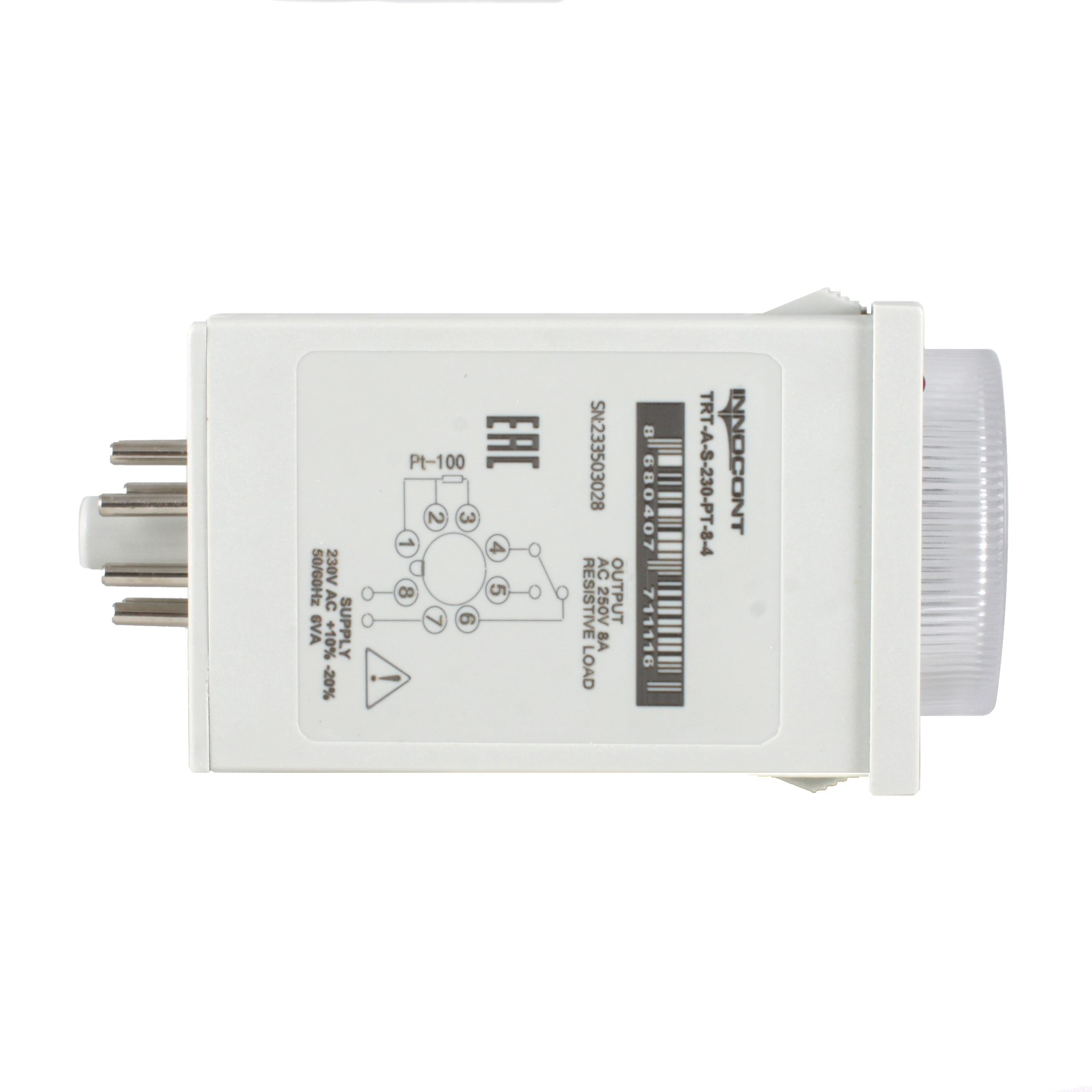 Температурный контроллер INNOCONT с аналоговым управлением, 48х48х82 мм,вход Pt100, 0...400C, выход реле, ON/OFF, 230VAC, электросоединение под розетку 8pin