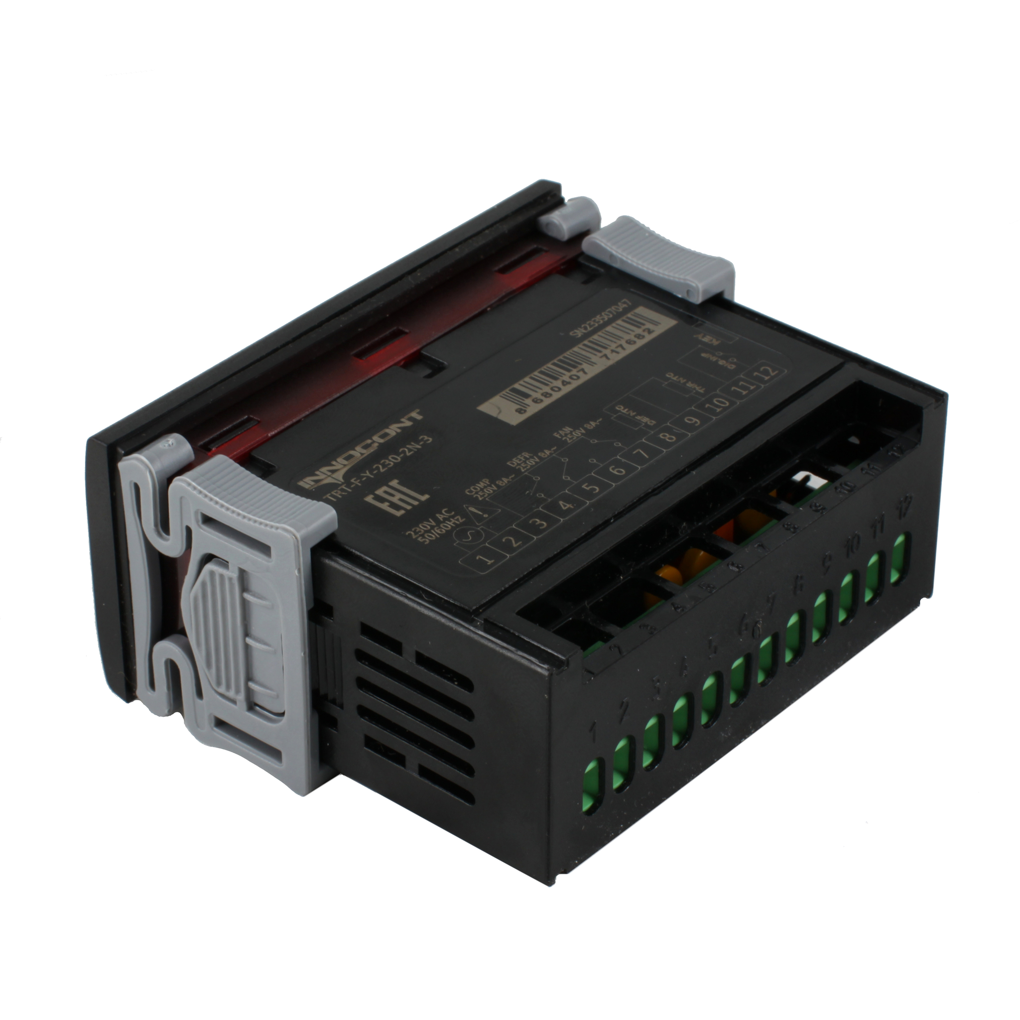 Температурный контроллер INNOCONT для управления охлаждением/размораживанием, 4 разряда, 77х35х61 мм, NTC, выходы реле на компрессор и охладитель, ON/OFF, 230VAC, комплектный фиксатор