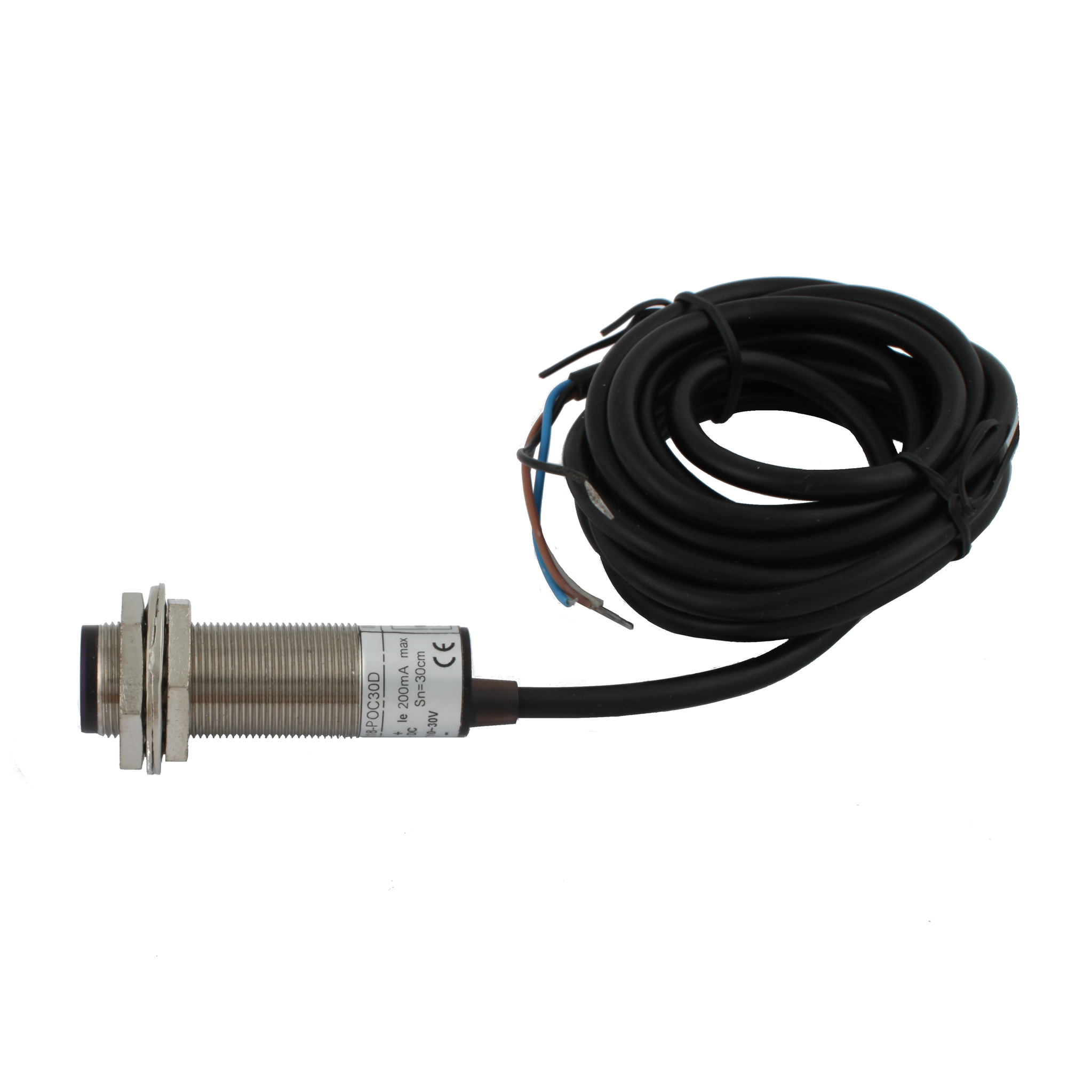 Фотодатчик диффузионный INNOCONT, М18x1, зона срабатывания до 30 см, -10 +60 С, 12…24 VDC, IP67, выход: PNP NO + NC, макс. ток 200 мА, время реакции 3 мс, кабель 2 м PES-D18-POC30D (cable)