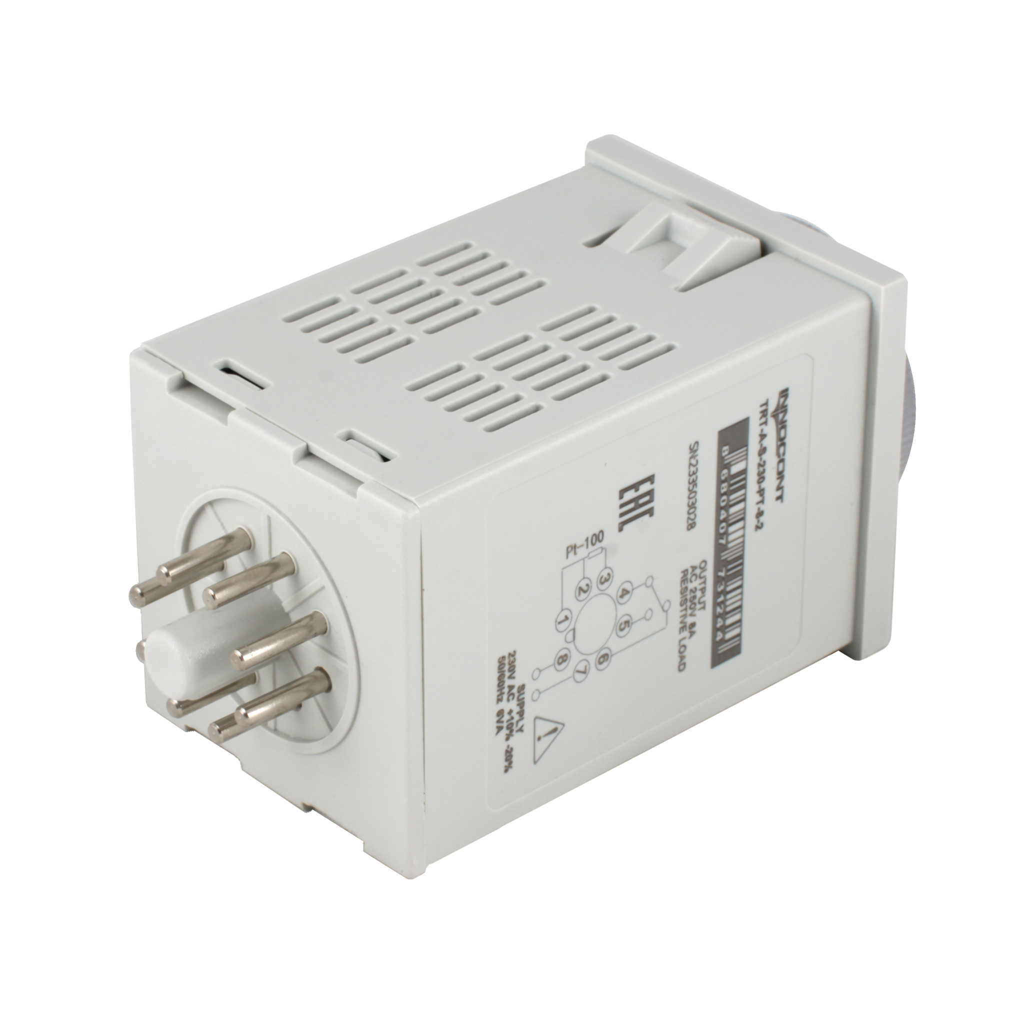 Температурный контроллер INNOCONT с аналоговым управлением, 48х48х82 мм,вход Pt100, 0...200C, выход реле, ON/OFF, 230VAC, электросоединение под розетку 8pin