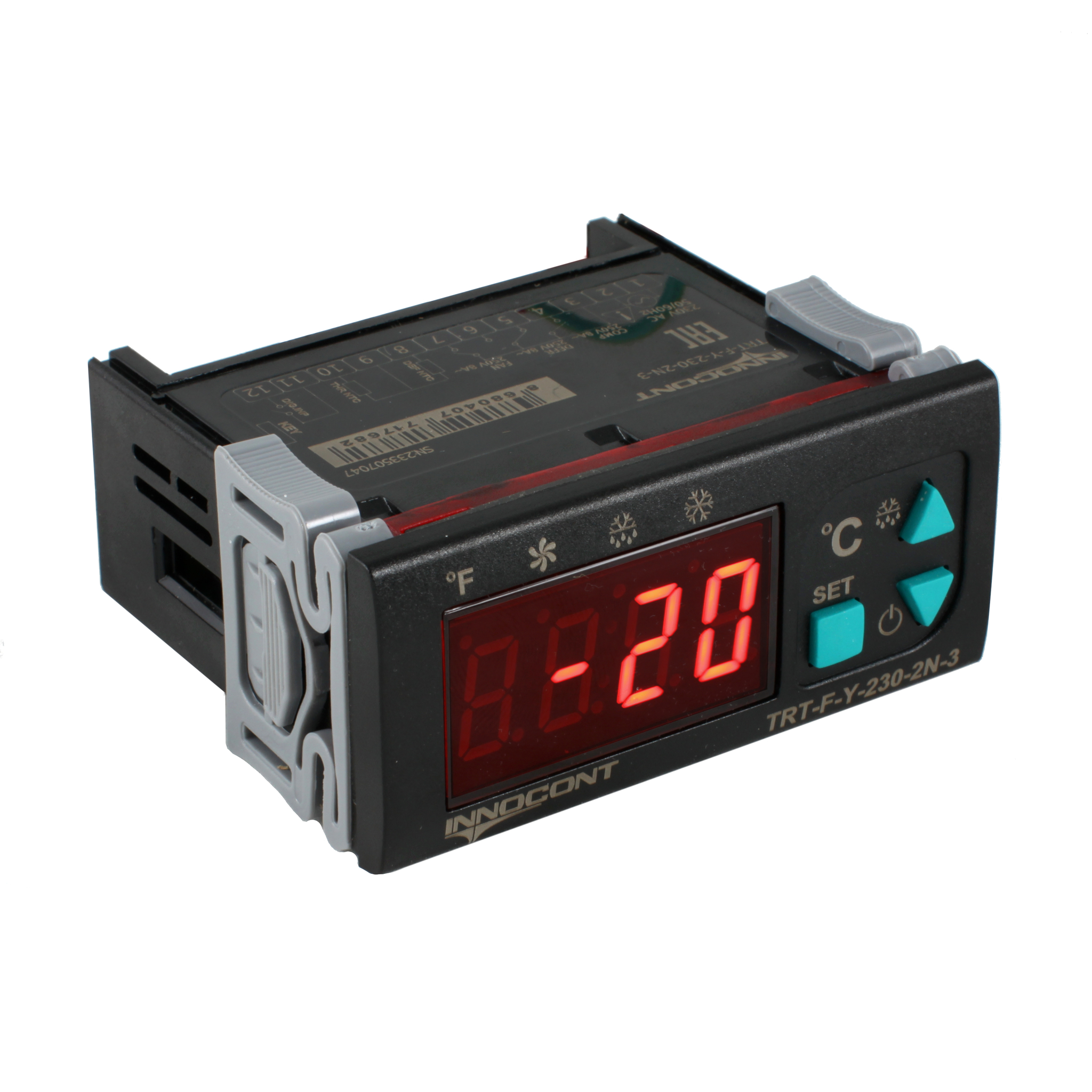 Температурный контроллер INNOCONT для управления охлаждением/размораживанием, 4 разряда, 77х35х61 мм, NTC, выходы реле на компрессор и охладитель, ON/OFF, 230VAC, комплектный фиксатор