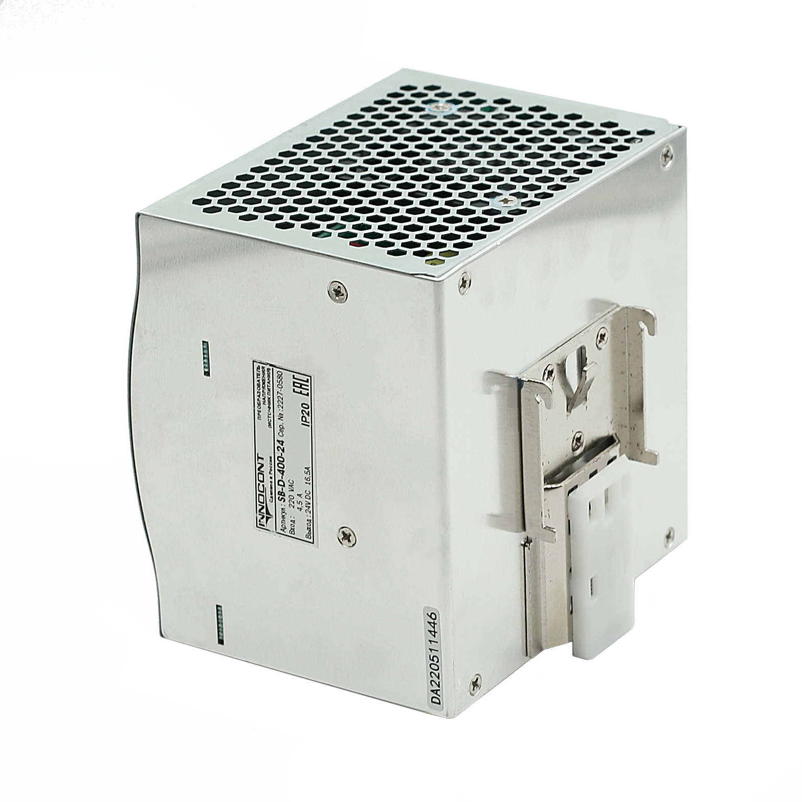 Источник питания INNOCONT на DIN-рейку, -10 +50С, IP20, вход: 220VAC, 4.5А, выход: 400W, 24VDC, 16.5A, типы защиты: КЗ, перегрузка, перенапряжение SB-D-400-24