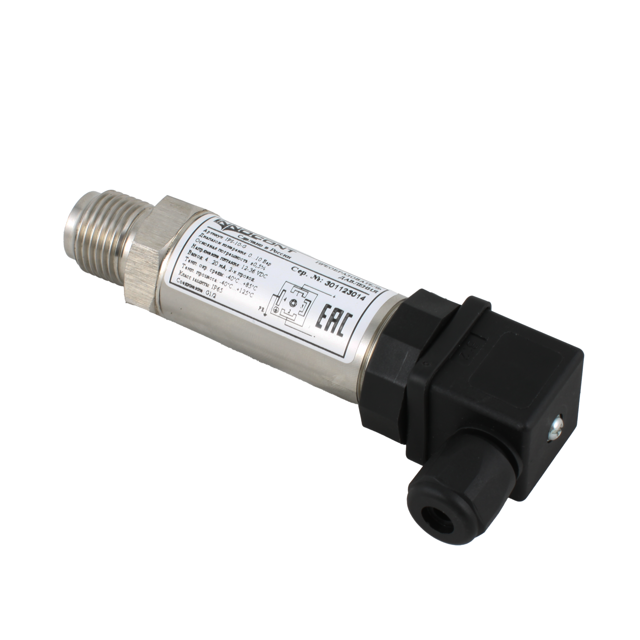 Преобразователь давления INNOCONT IPS-6-M, диапазон 0...6 бар, точность 0,5%, -40 +125 С, 12-36 VDC, IP65, разъем DIN