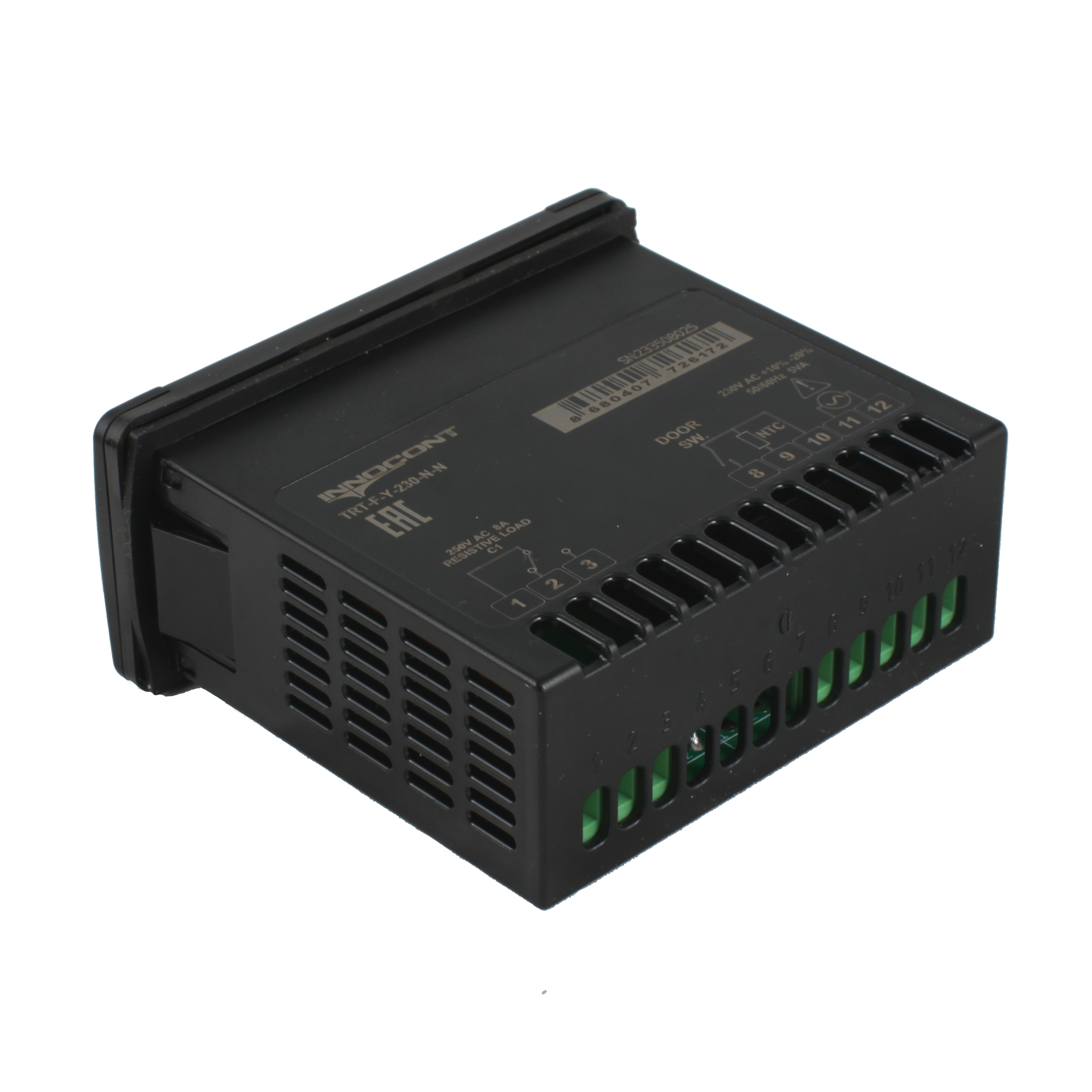 Температурный контроллер INNOCONT для управления охлаждением/размораживанием, 4 разряда, 77х35х61 мм, 2xNTC, выходы реле на компрессор, охладитель и испаритель, ON/OFF, 230VAC, встроенный фиксатор