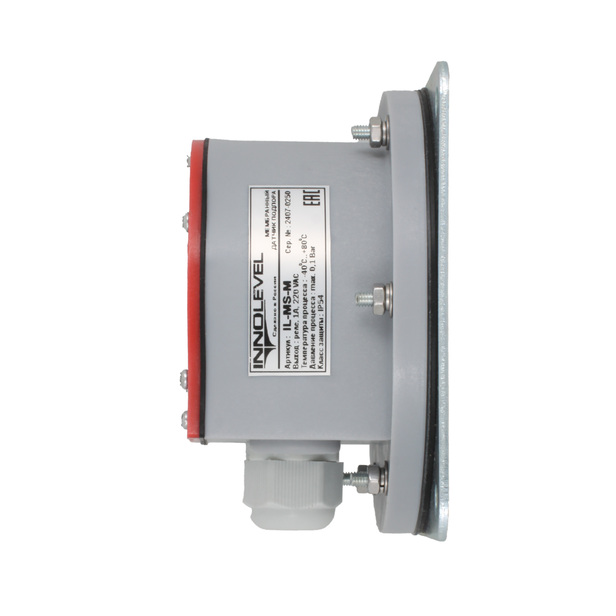 Мембранный датчик подпора для сыпучих материалов INNOLEVEL в пластиковом корпусе (аналог СУМ-1), -40 +80 С, IP54, чувств. от 100 г/л; фланец 114x114 мм, мембрана- NBR, выход- реле SPDT
