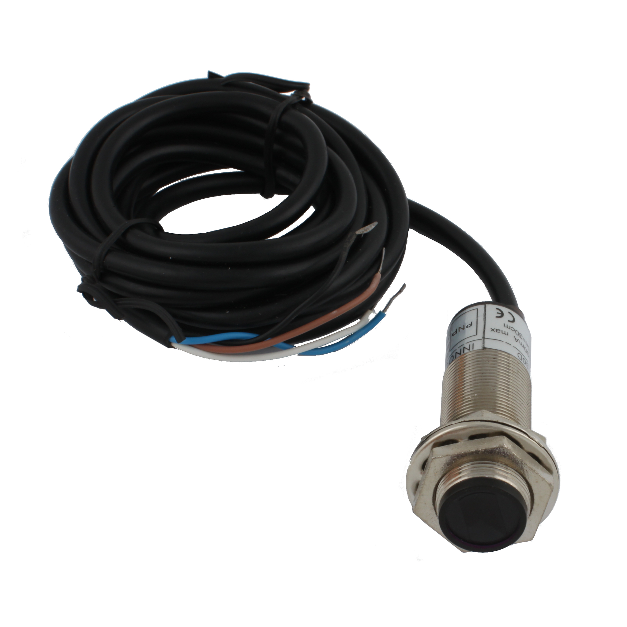 Фотодатчик диффузионный INNOCONT, М18x1, зона срабатывания до 30 см, -10 +60 С, 12…24 VDC, IP67, выход: PNP NO + NC, макс. ток 200 мА, время реакции 3 мс, кабель 2 м PES-D18-POC30D (cable)